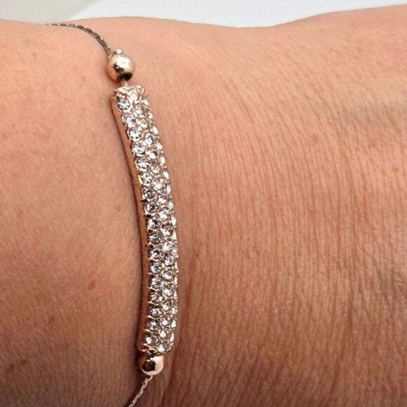 Rose Gold Plated Bar Plaque Bolo Bracelet Crystal Accents - Picture 4 of 5